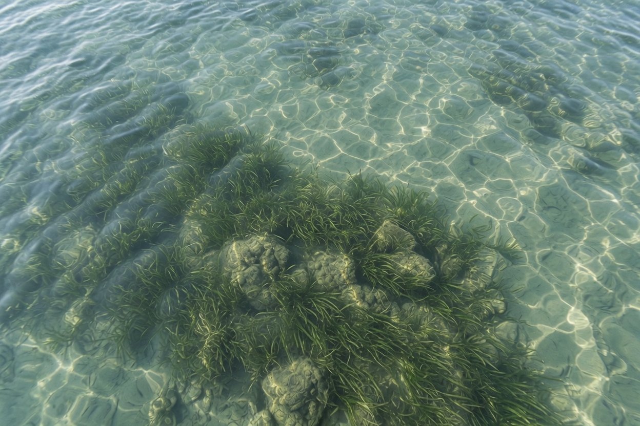 Seagrass meadow in clear shallow water, sunlight rippling on the seabed