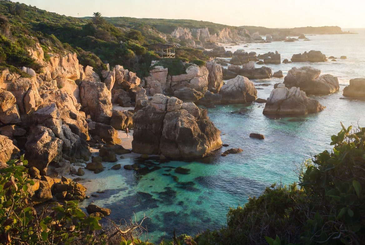 A lone figure on the sand of a rocky cove, turquoise shallows meeting cliffs in low evening light